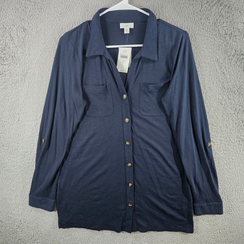 J.‎ Jill Navy Blue Button Down Shirt Small Tall Cotton Tencel Modal Roll Tab NEW